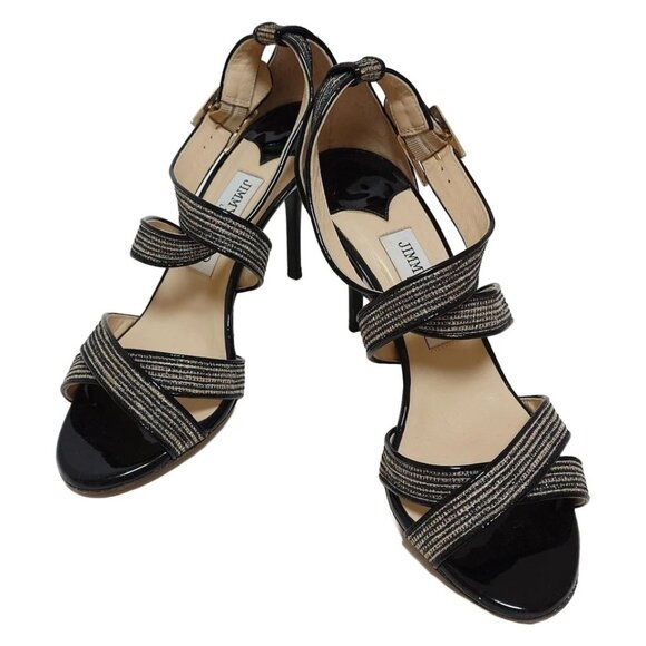 JIMMY CHOO - Beige Cream Black Hemp Patent Leather Women's Sandals 104-080125 - Picture 2 of 6